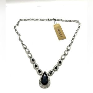 MONET  90’s Silver Tone Black and Crystal Teardrop Pendant Necklace